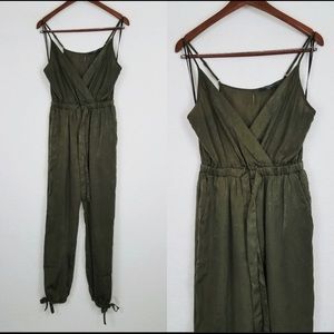 Radiant Nights Olive Satin Surplice Jumpsuit